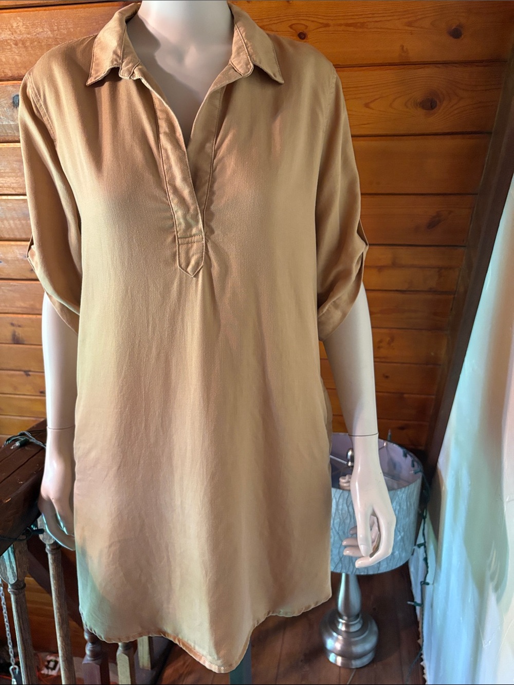 Chelsea & Theodore Tencel Shirt Dress L Camel Quiet Luxury Coastal